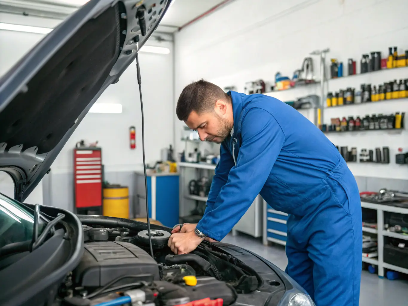 A mechanic in a Fort Erie Auto shop, expertly diagnosing an engine issue with diagnostic tools, surrounded by a clean and organized workspace.